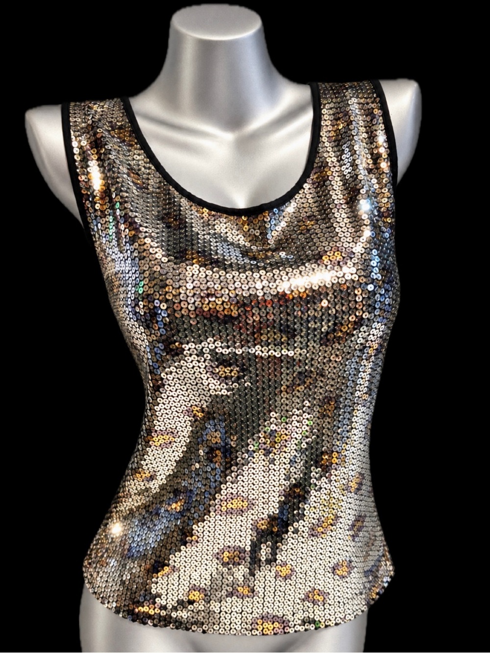 VINTAGE Y2K leopard cheetah sequin party tank top metallic silver sparkle glam